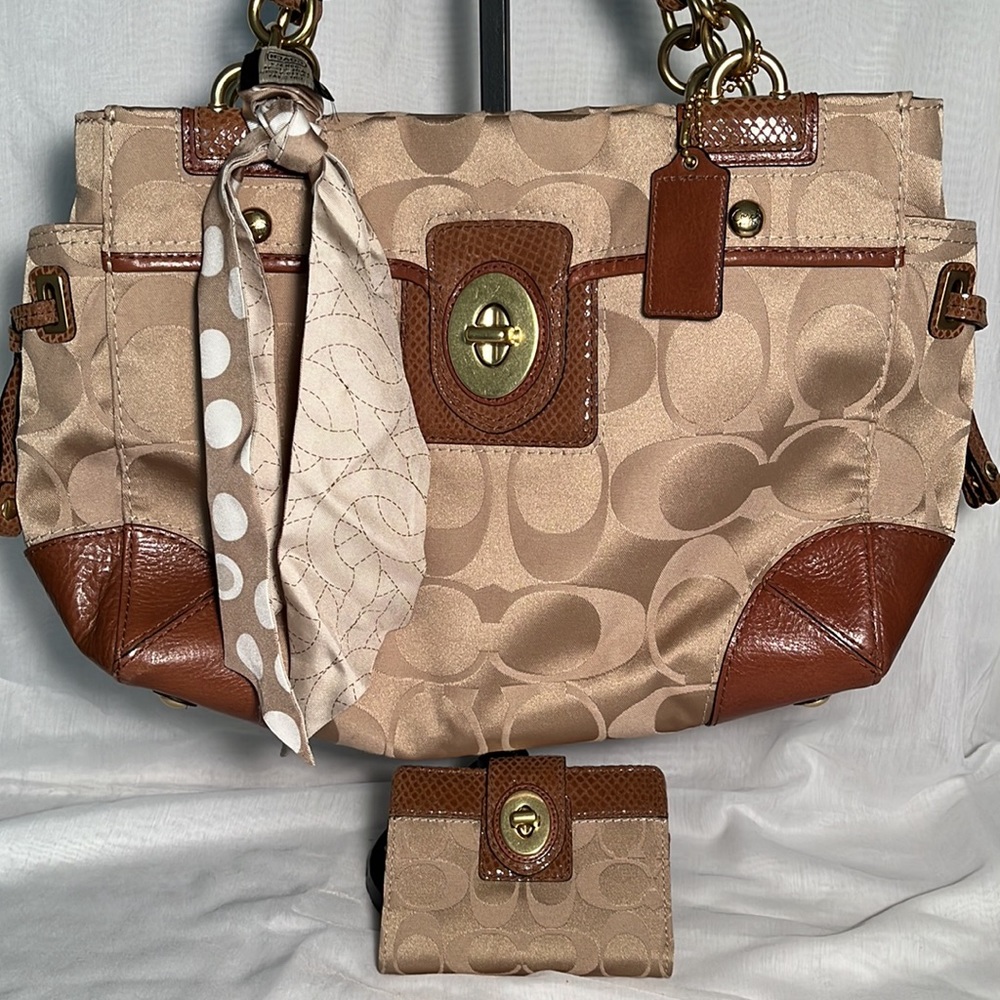 Coach Khaki Signature Peyton Satchel, Scarf and Wallet - EUC